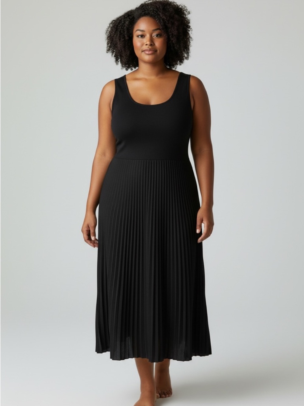 Edited by Remi Bader Black Sleeveless Pleated Midi Dress Size 1X Classic Knit